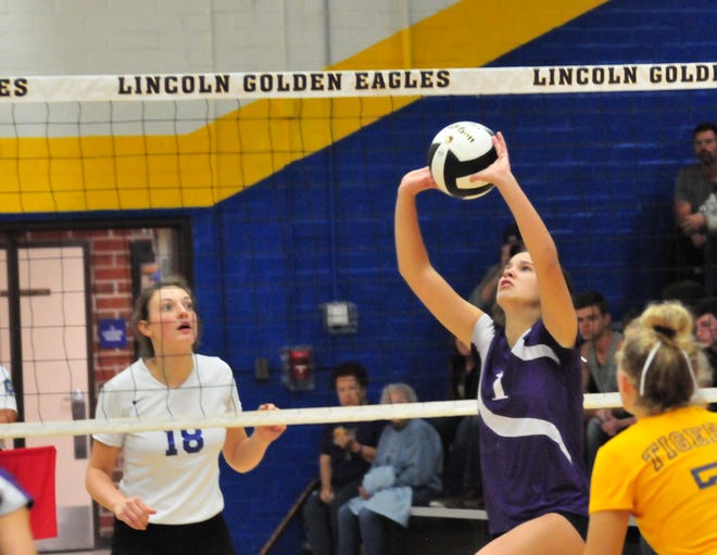 Hallie Rogers (1) of the Hagerstown volleyball team during a 3-0 win over Centerville Thursday, Oct. 11, 2018.