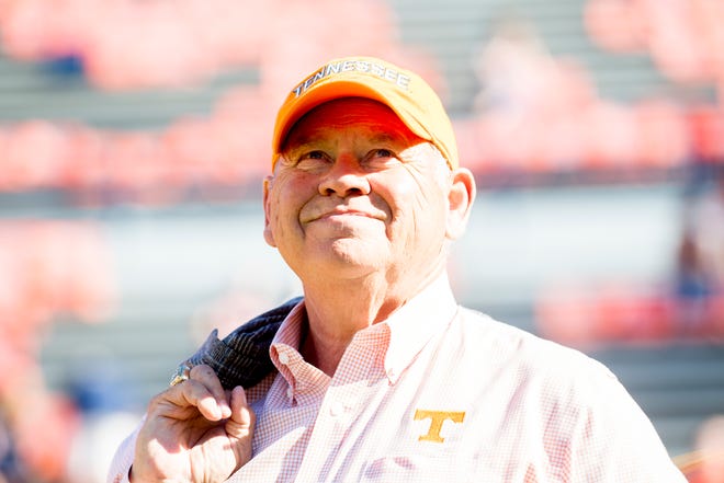 Tennessee Athletic Director and former head coach Phillip Fulmer smiles as he walks onto the field during a game between Tennessee and Auburn at Jordan-Hare Stadium in Auburn, Alabama on Saturday, October 13, 2018.
