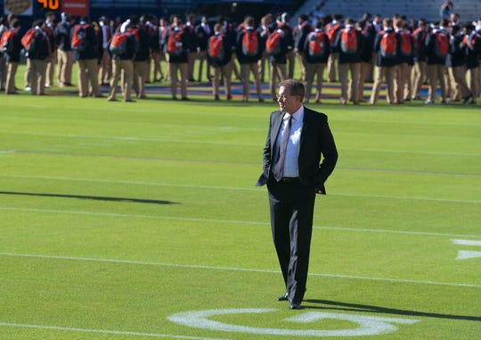 Auburn head coach Gus Malzahn walks the field after Tiger Walk before the Tennessee game Saturday, Oct. 13, 2018, at Jordan-Hare Stadium in Auburn, Ala.