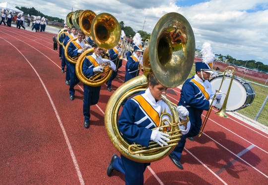 The second annual Marching Band Showcase is Saturday at Lawnwood Stadium in Fort Pierce. Pictured is the 37th annual Crown Jewel Marching Band Festival in Vero Beach.