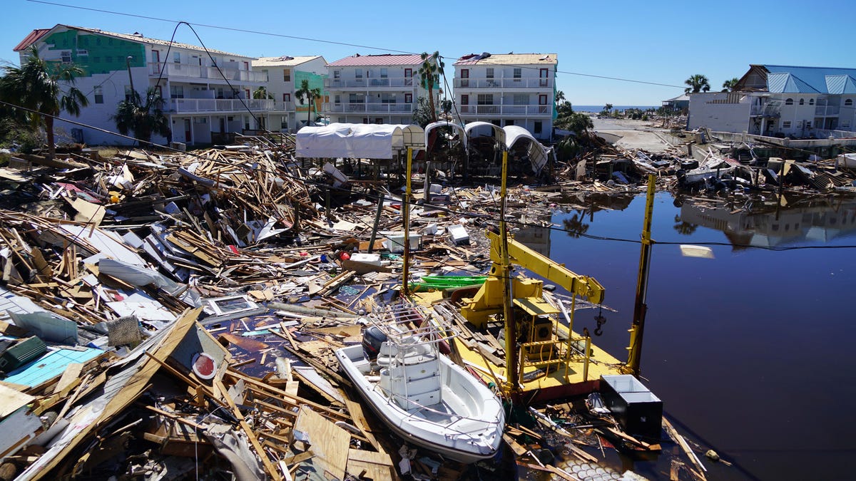 Blue sky and calm water belies the damage done by Hurricane Michael to the Mexico Beach, Fl. area. 