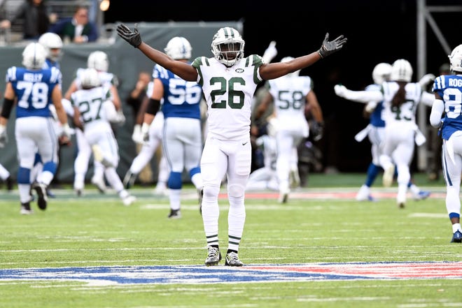 New York Jets safety Marcus Maye (26) celebrates an interception for a touchdown by teammate Morris Claiborne (not pictured) in the first half. The New York Jets host the Indianapolis Colts in Week 6 on Sunday, Oct. 14, 2018, in East Rutherford.