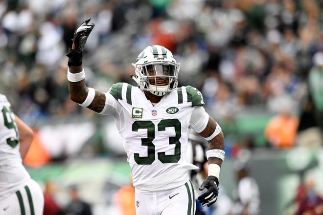 New York Jets safety Jamal Adams (33) celebrates a turnover in the second half. The New York Jets host the Indianapolis Colts in Week 6 on Sunday, Oct. 14, 2018, in East Rutherford.