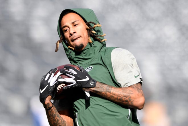 New York Jets wide receiver Robby Anderson makes a catch during warm-ups. The New York Jets host the Indianapolis Colts in Week 6 on Sunday, Oct. 14, 2018, in East Rutherford.