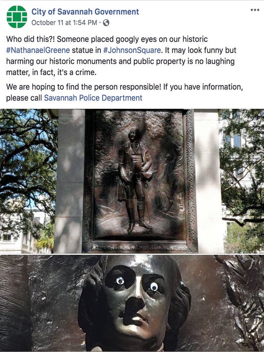 Person placed googly eyes on Nathanael Greene statue in Savannah(01)