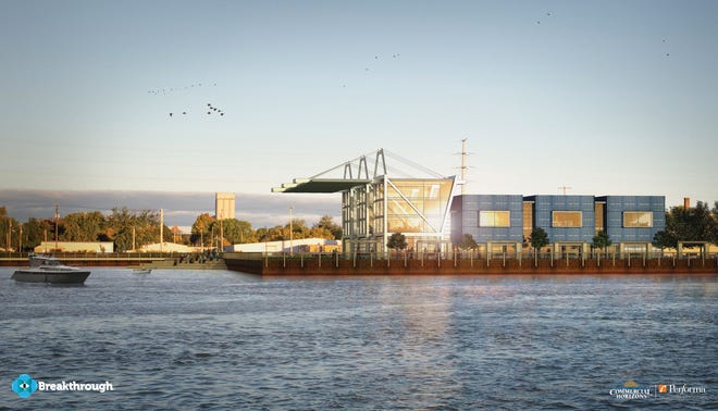 A rendering of Breakthrough's new headquarters building from the Fox River. The Green Bay-based company helps shippers cut shipping and logistics costs.