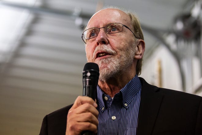 Rep. Dave Loebsack, D-Iowa, speaks during the Johnson County Democrats annual barbecue fundraiser on Sunday, Oct. 14, 2018, inside Building C at the Johnson County Fairgrounds in Iowa City.