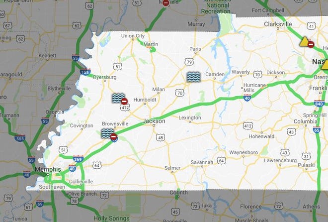 Three State Route roadways were closed due to flooding in Haywood, Crockett and Carroll counties as of 10 a.m. on Monday. TDOT advises drivers to proceed with caution.