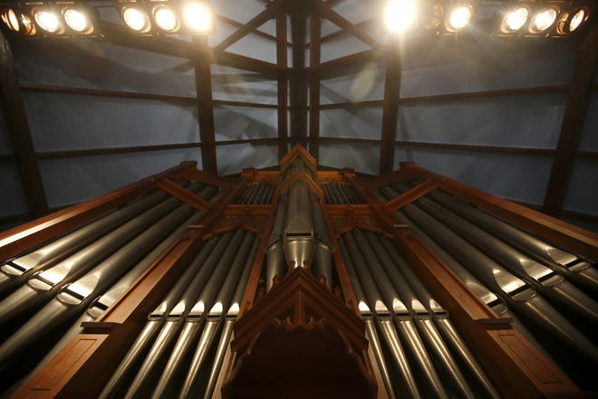 The lead pipes of the church's organ reach towards the ceiling of St. John's Episcopal Church downtown Tallahassee.