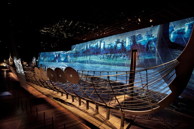 The Roskilde, a 122-foot Viking warship, is reconstructed as part of 'Vikings: Beyond the Legend' at the Franklin Institute.