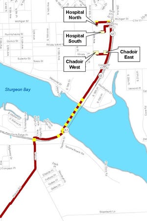 Map of proposed route for gas expansion project in Sturgeon Bay.