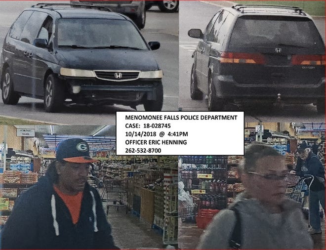 A couple thought to have stolen more than $200 leave the Woodman's parking lot in a dark blue Honda Odyssey van.