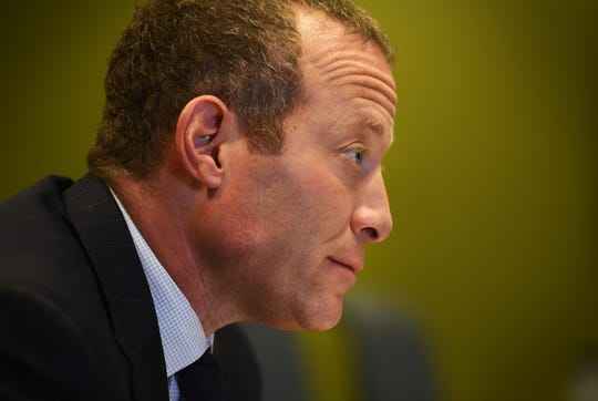 Photo of Josh Gottheimer, Democrat, 5th Congressional District, is being photographed during the Edit board meeting at the Record's office in Woodland Park on 10/15/18. 