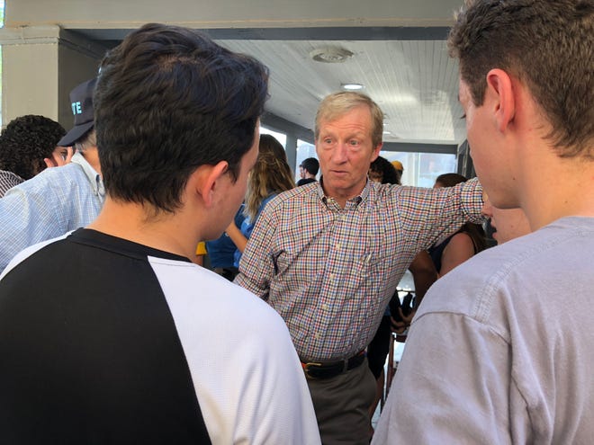 Tom Steyer, the California billionaire founder of NextGen America, speaks to young people at an event in Tempe on Aug. 17.