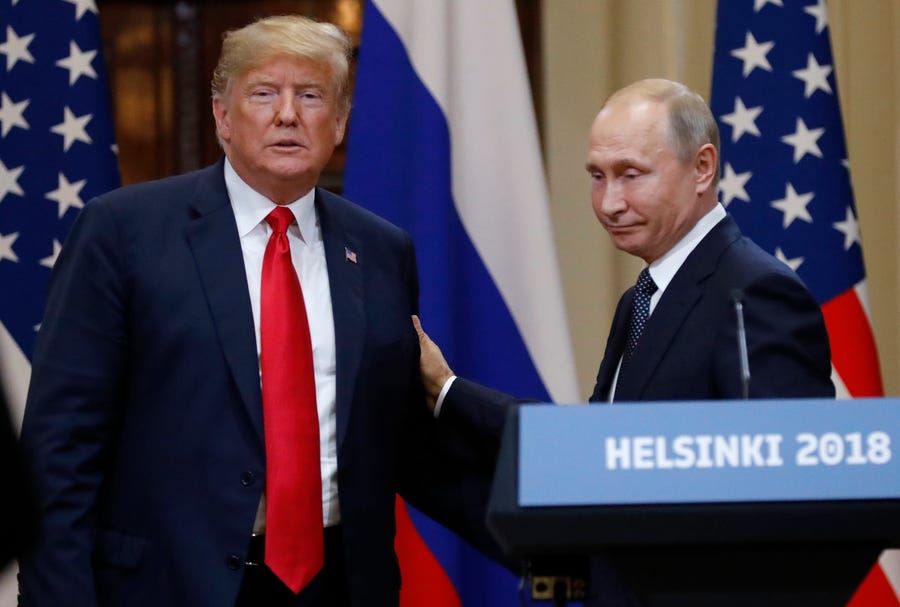U.S. President Donald Trump and Russian President Vladimir Putin during their meeting in Helsinki in July.