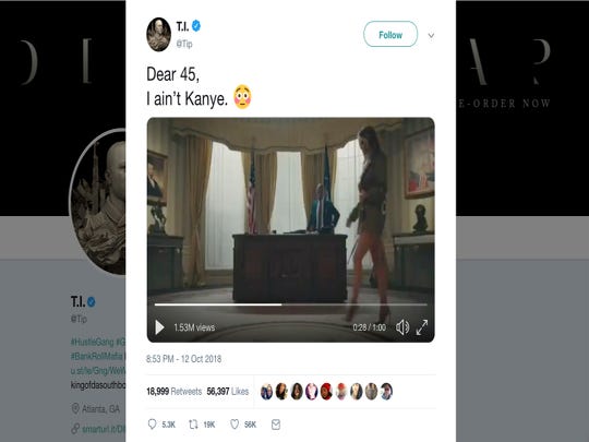 This screenshot from T.I.'s Oct. 12 tweet shows a scene from his promotional album video, which depicts a woman resembling Melania Trump stripping on a set that looks like the oval office.