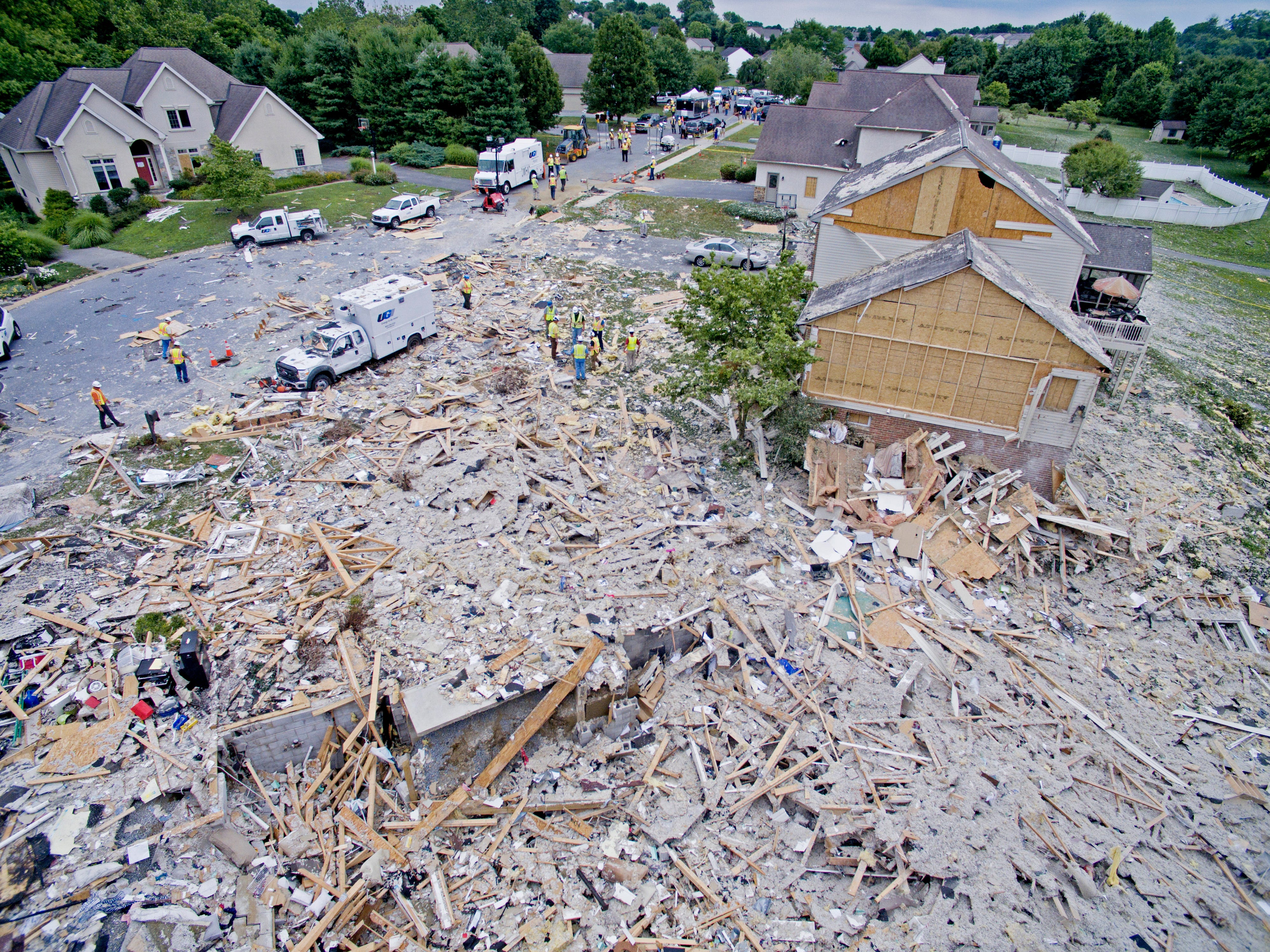 Aerial photo of the destruction left by a home explosion in Millersville, Pa. in July 2017. One gas worker was killed and two others were injured.