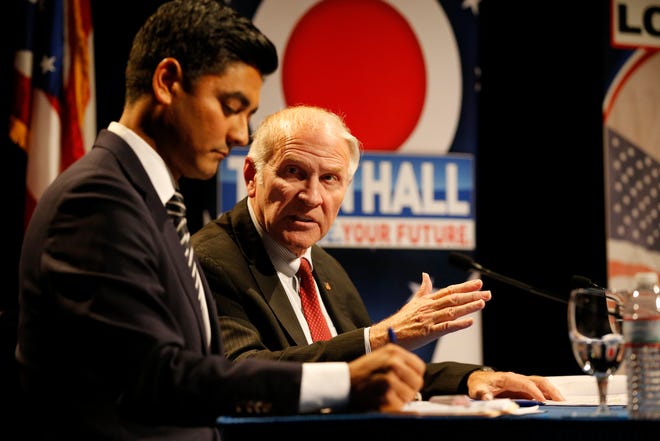 Republican incumbent, U.S. Rep,. Steve Chabot refutes claims made by Democratic candidate, Hamilton County Clerk, Aftab Pureval about his tenure as representative during a debate forum for the first and second congressional districts of Ohio hosted by AJC Cincinnati at the Mayerson Jewish Community Center in Amberly, Ohio, on Tuesday, Oct. 16, 2018.