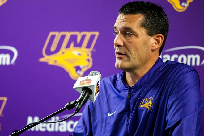 Northern Iowa head coach Ben Jacobson talks to reporters during Panthers men's basketball media day on Wednesday, Oct. 17, 2018, at the McLeod Center in Cedar Falls.