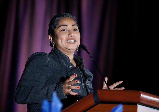 Rochester City Council member Jackie Ortiz speaks during IBERO's 50th Anniversary Luncheon as part of the 2018 Upstate Latino Summit at the Joseph A. Floreano Riverside Convention Center.