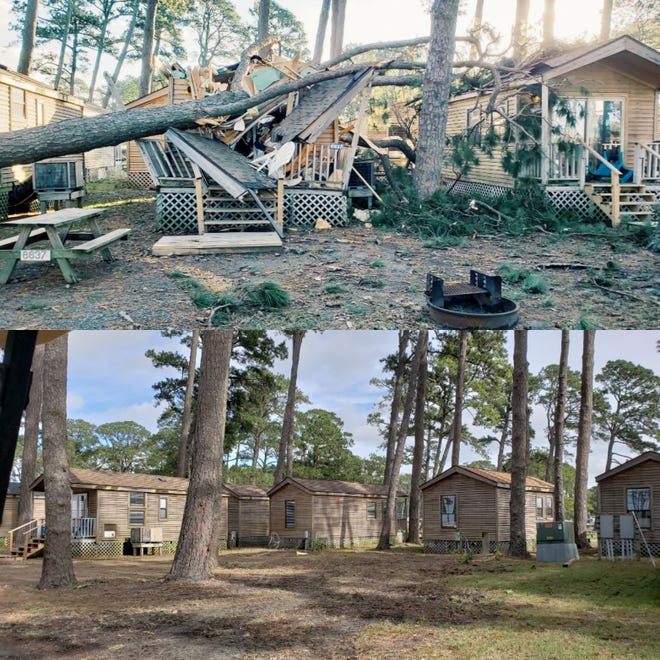 Before and after images of Cherrystone Family Campground, where damages from Tropical Storm Michael were repaired with help from the community.
