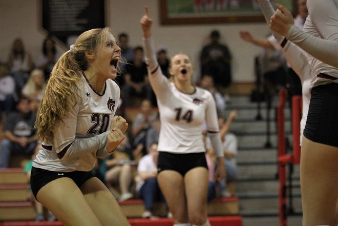 Chiles seniors Kelsey Mead (20) and Aly Freeland (14) react to scoring a point as the Timberwolves beat Lincoln 3-0 in a District 2-8A semifinal on Tuesday at Leon.