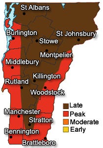 Fall foliage in much of northwest Vermont and the high-elevations of the Green Mountains is passing its peak (shown in brown) in this map published by the Vermont Department of Tourism on Thursday, Oct. 18, 2018.