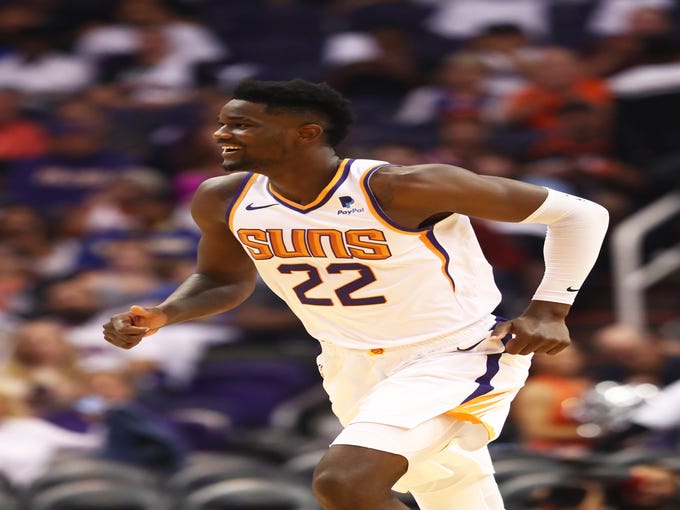 Oct 17, 2018; Phoenix, AZ, USA; Phoenix Suns center Deandre Ayton (22) reacts in the second half against the Dallas Mavericks at Talking Stick Resort Arena. Mandatory Credit: Mark J. Rebilas-USA TODAY Sports