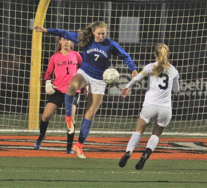 Highlands sophomore Lauren Deckert clears the ball out of trouble during Highlands' 1-0 win over Notre Dame in the 9th Region girls soccer championship game Oct. 18, 2018 at Ryle High School, Union, Ky.