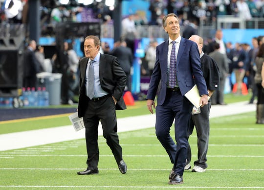 NFL broadcasters Al Michaels (left) and Cris Collinsworth (right) prior to Super Bowl LII between the New England Patriots and the Philadelphia Eagles at U.S. Bank Stadium.