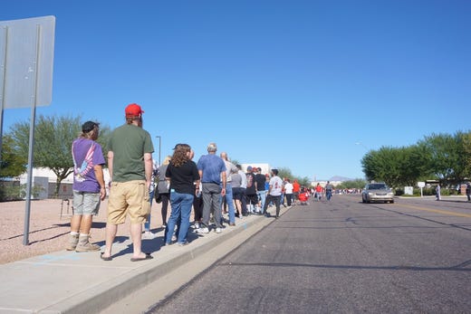 Around 2 p.m., the line outside of the Donald Trump rally at Phoenix-Mesa Gateway Airport was about a half-mile long.