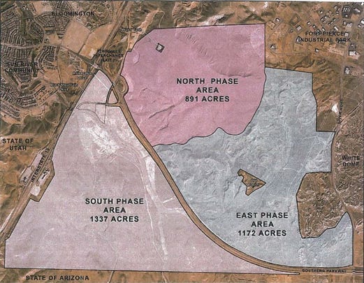 Plans submitted to the City of St. George show the rough outline of a three-phase development plan at 'Desert Color,' a 3,350-acre community master planned along the Arizona border. The south phase, which received a series of zone change approvals from the city council this week, would include an estimate 5,900 units, including homes, shopping, parks, artificial lakes and other amenities.