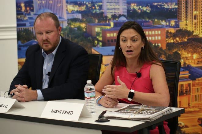 Candidates for Florida Commissioner of Agriculture, Matt Caldwell, left, and Nikki Fried, speak at the editorial board meeting on Friday, Oct. 19, 2018.