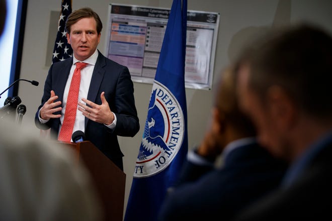 Christopher Krebs undersecretary of the Department of Homeland Securitys National Protection and Programs Directorate speaks during a news conference on election cybersecurity Oct 19 2018 in Arlington Virginia