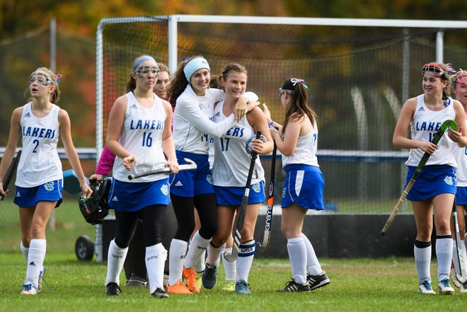 Colchester celebrates the win during the field hockey game between Mount Abraham and Colchester at Colchester High School on Saturday morning October 20, 2018 in Colchester.