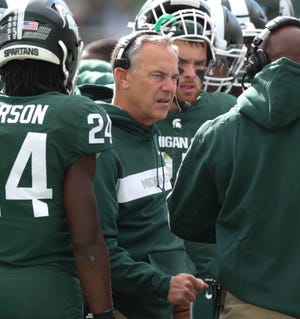 Michigan State coach Mark Dantonio on the sideline during the first half against Michigan on Saturday, Oct. 20, 2018, at Spartan Stadium.