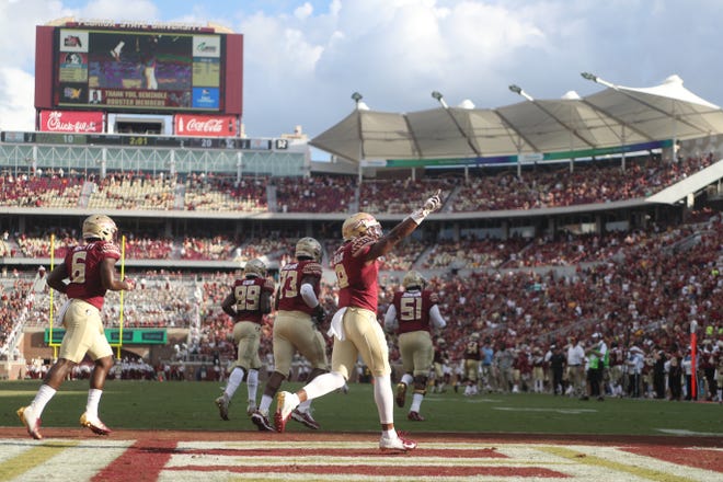 Florida State Seminoles wide receiver Nyqwan Murray (8) celebrates after scoring a touchdown during FSU's homecoming game against Wake Forest at Doak S. Campbell Stadium Saturday, Oct. 20, 2018. 