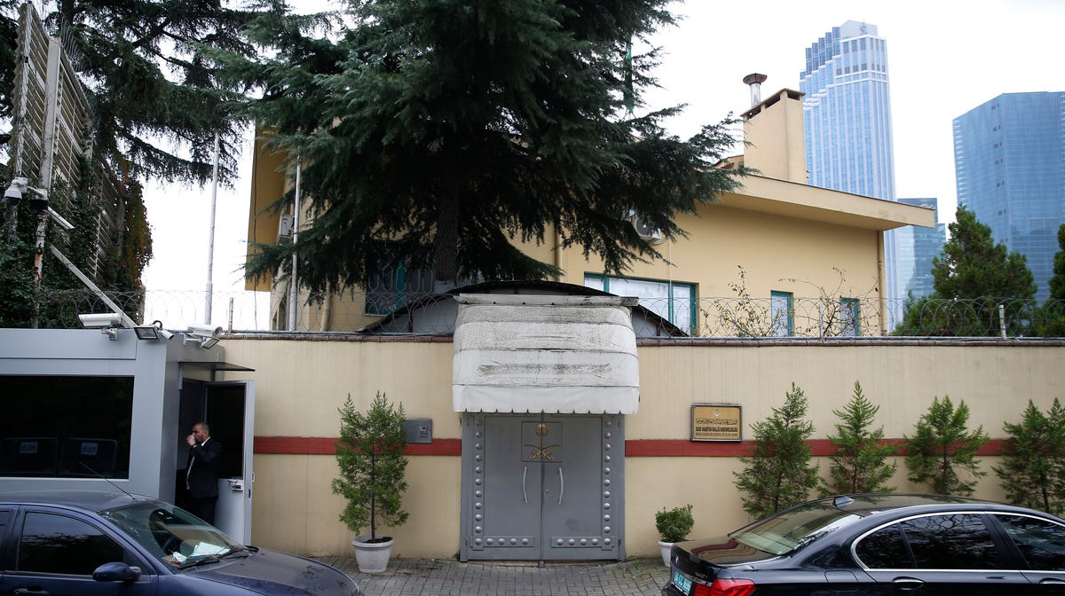 A security guard stands outside Saudi Arabia's consulate in Istanbul, Saturday, Oct. 20, 2018. Saudi Arabia claims Saudi journalist Jamal Khashoggi died in a "fistfight" in consulate, finally admitting that the writer had been slain at its diplomatic post. 