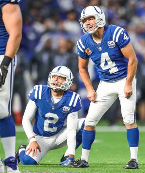 Indianapolis Colts kicker Adam Vinatieri (4) misses an extra point attempt in the game against the Buffalo Bills at Lucas Oil Stadium on Sunday, Oct. 21, 2018.