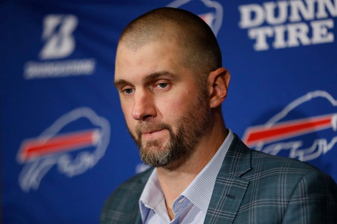 Buffalo Bills quarterback Derek Anderson (3) speaks during press conference following an NFL football game against the Indianapolis Colts in Indianapolis, Sunday, Oct. 21, 2018. The Colts defeated the Bills 37-5. (AP Photo/John Minchillo)