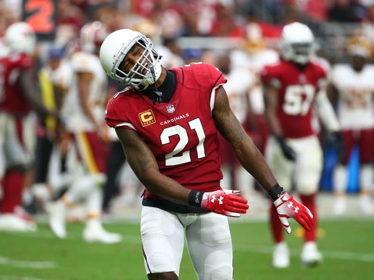 Cornerback Patrick Peterson reacts after the Cardinals were called for pass interference during a game against the Redskins at State Farm Stadium.