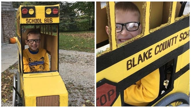 Blake Mompher loves school buses, and this Halloween edition is his costume fitted over his wheelchair.