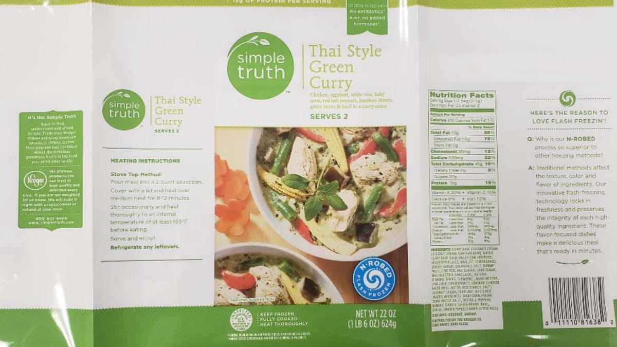 Envolve Foods of Corona, California, has recalled about 292,764 pounds of ready-to-eat chicken and beef products including 22-ounce bags of Simple Truth Thai Style Green Curry over concerns of possible listeria and salmonella contamination. The packages have sell by dates of 3/13/19 through 1/24/20.