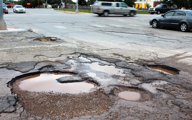 The entrance/exit to the Yesway convenience store at Leggett at South First Street is a minefield of potholes. When it rains, water pours into this low-lying area, and temporary efforts to fill the holes have failed. South Leggett Street also is dotted with potholes and cracked pavement.