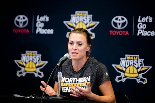 Northern Kentucky Norse coach Camryn Whitaker speaks during NKU's basketball media day on Tuesday, Oct. 23, 2018 in Newport, Ky. 