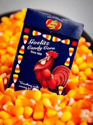 A box of Goelitz recipe candy corn in a bed of Brach's candy corn in the Enquirer Studio in downtown Cincinnati on Tuesday, Oct. 16, 2018.