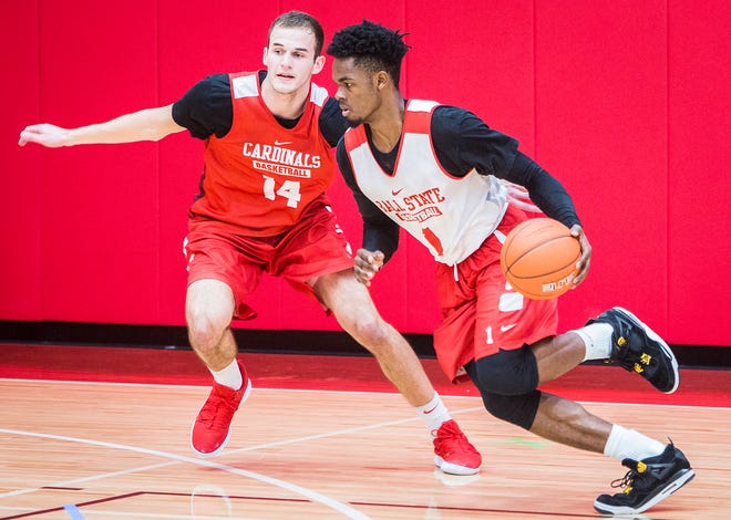 Ball State's K.J. Walton scrimmages with teammates during practice in Worthen Arena's practice gym Tuesday, Oct. 23, 2018.
