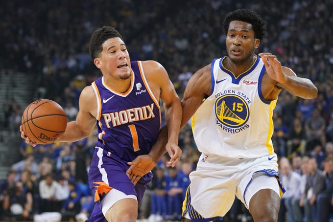 October 22, 2018; Oakland, CA, USA; Phoenix Suns guard Devin Booker (1) dribbles the basketball against Golden State Warriors center Damian Jones (15) during the first quarter at Oracle Arena. Mandatory Credit: Kyle Terada-USA TODAY Sports