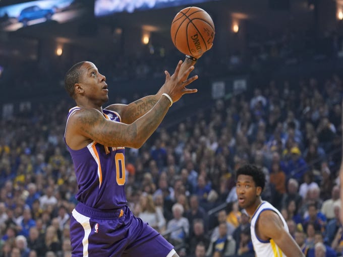October 22, 2018; Oakland, CA, USA; Phoenix Suns guard Isaiah Canaan (0) shoots the basketball against Golden State Warriors center Damian Jones (15) during the first quarter at Oracle Arena. Mandatory Credit: Kyle Terada-USA TODAY Sports
