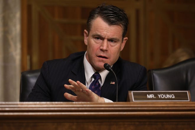 Senate Foreign Relations Committee member Sen. Todd Young (R-IN) questions witnesses during a committee hearing about Libya in the Dirksen Senate Office Building on Capitol Hill April 25, 2017 in Washington, DC.